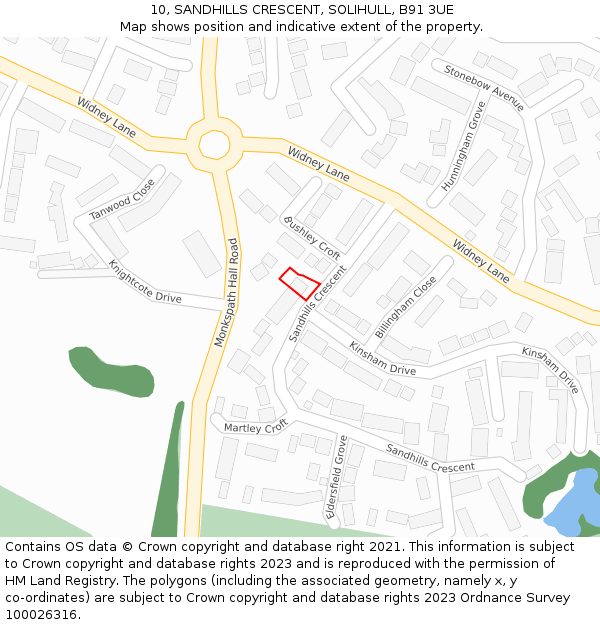 10, SANDHILLS CRESCENT, SOLIHULL, B91 3UE: Location map and indicative extent of plot