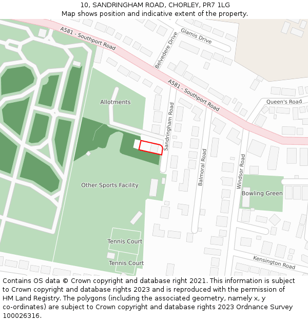 10, SANDRINGHAM ROAD, CHORLEY, PR7 1LG: Location map and indicative extent of plot