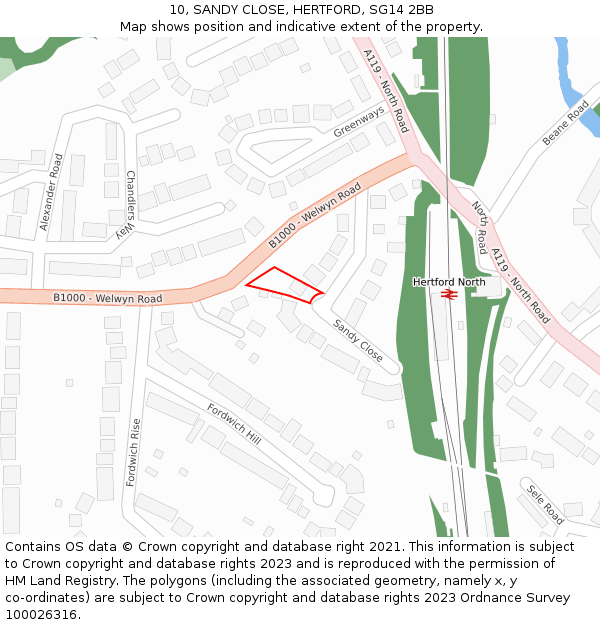 10, SANDY CLOSE, HERTFORD, SG14 2BB: Location map and indicative extent of plot