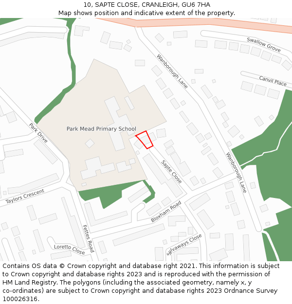 10, SAPTE CLOSE, CRANLEIGH, GU6 7HA: Location map and indicative extent of plot