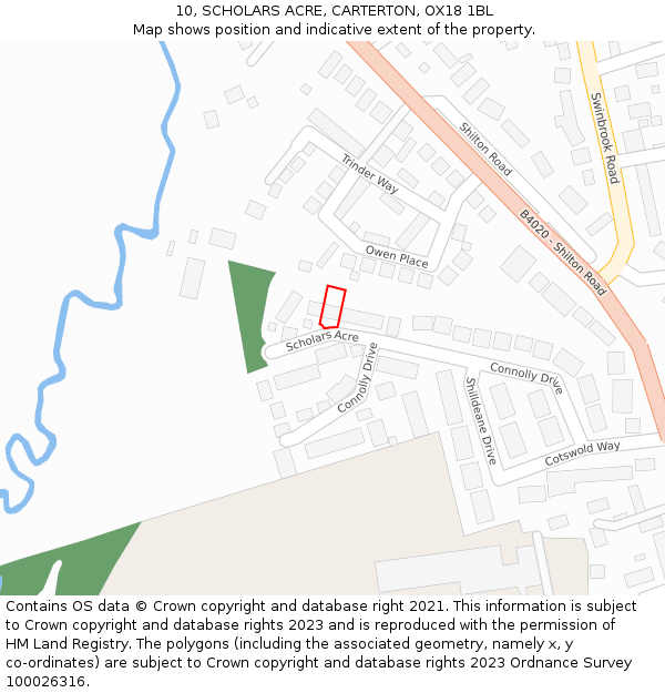 10, SCHOLARS ACRE, CARTERTON, OX18 1BL: Location map and indicative extent of plot