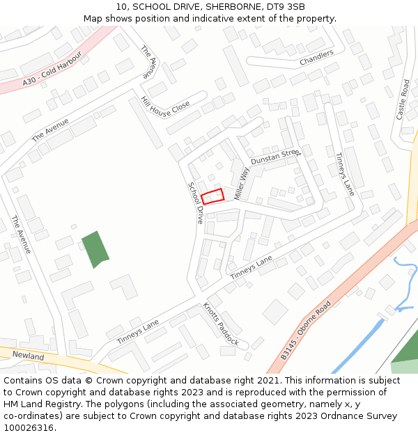 10, SCHOOL DRIVE, SHERBORNE, DT9 3SB: Location map and indicative extent of plot