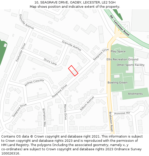 10, SEAGRAVE DRIVE, OADBY, LEICESTER, LE2 5GH: Location map and indicative extent of plot