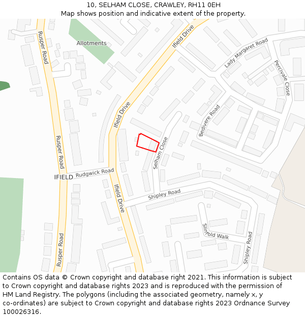 10, SELHAM CLOSE, CRAWLEY, RH11 0EH: Location map and indicative extent of plot