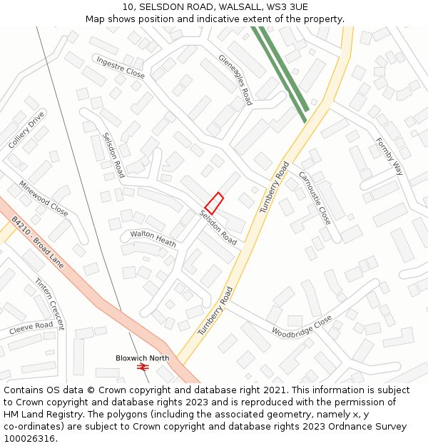 10, SELSDON ROAD, WALSALL, WS3 3UE: Location map and indicative extent of plot
