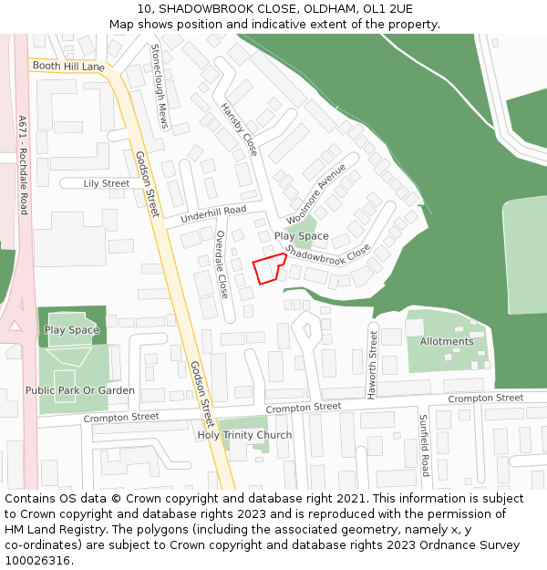 10, SHADOWBROOK CLOSE, OLDHAM, OL1 2UE: Location map and indicative extent of plot