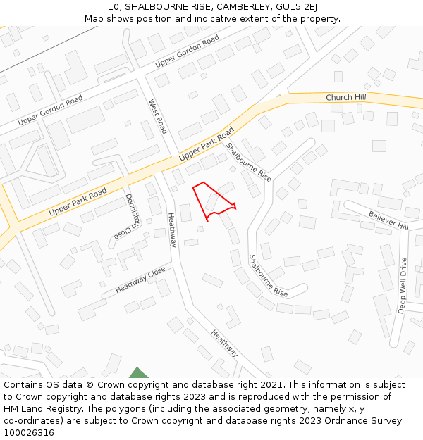 10, SHALBOURNE RISE, CAMBERLEY, GU15 2EJ: Location map and indicative extent of plot