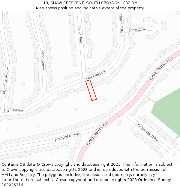 10, SHAW CRESCENT, SOUTH CROYDON, CR2 9JA: Location map and indicative extent of plot