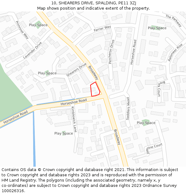 10, SHEARERS DRIVE, SPALDING, PE11 3ZJ: Location map and indicative extent of plot