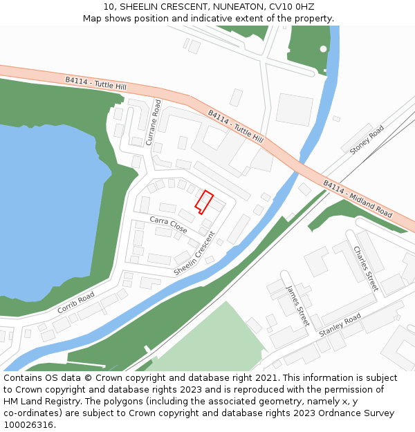 10, SHEELIN CRESCENT, NUNEATON, CV10 0HZ: Location map and indicative extent of plot