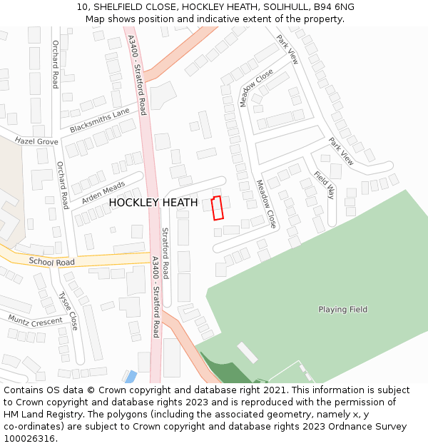 10, SHELFIELD CLOSE, HOCKLEY HEATH, SOLIHULL, B94 6NG: Location map and indicative extent of plot