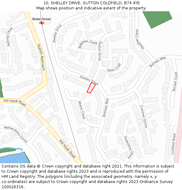 10, SHELLEY DRIVE, SUTTON COLDFIELD, B74 4YE: Location map and indicative extent of plot