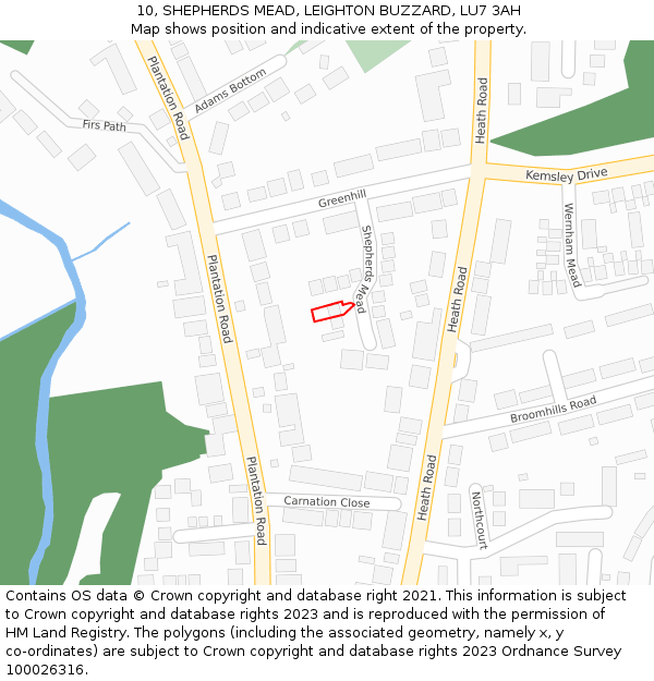 10, SHEPHERDS MEAD, LEIGHTON BUZZARD, LU7 3AH: Location map and indicative extent of plot