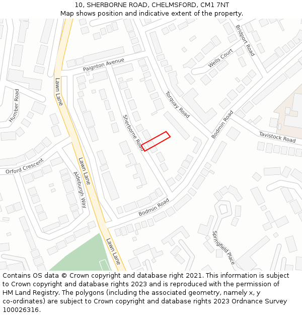 10, SHERBORNE ROAD, CHELMSFORD, CM1 7NT: Location map and indicative extent of plot