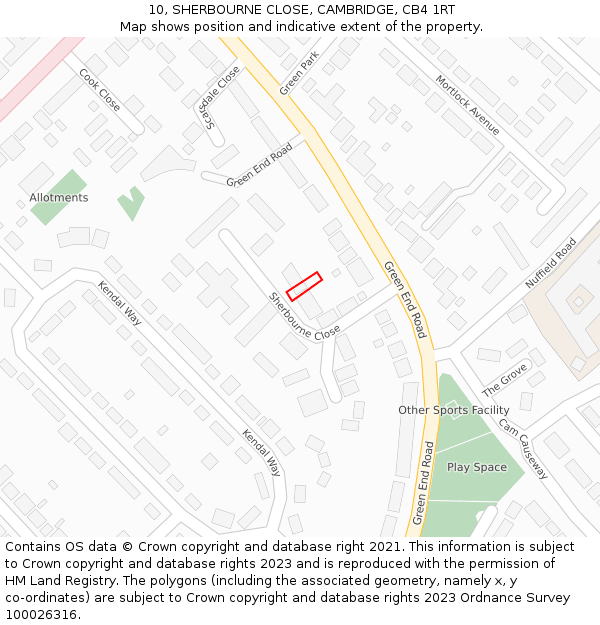 10, SHERBOURNE CLOSE, CAMBRIDGE, CB4 1RT: Location map and indicative extent of plot