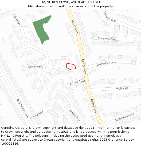 10, SHIRES CLOSE, ASHTEAD, KT21 2LT: Location map and indicative extent of plot