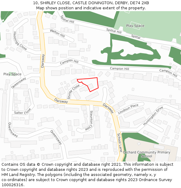 10, SHIRLEY CLOSE, CASTLE DONINGTON, DERBY, DE74 2XB: Location map and indicative extent of plot