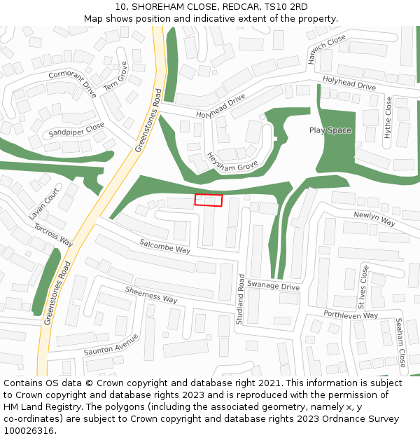 10, SHOREHAM CLOSE, REDCAR, TS10 2RD: Location map and indicative extent of plot