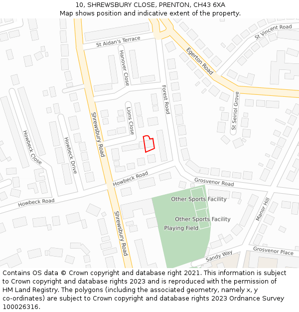 10, SHREWSBURY CLOSE, PRENTON, CH43 6XA: Location map and indicative extent of plot