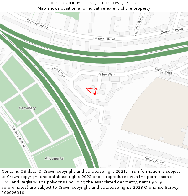 10, SHRUBBERY CLOSE, FELIXSTOWE, IP11 7TF: Location map and indicative extent of plot