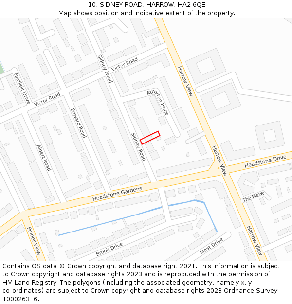10, SIDNEY ROAD, HARROW, HA2 6QE: Location map and indicative extent of plot