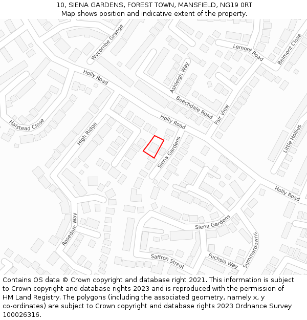 10, SIENA GARDENS, FOREST TOWN, MANSFIELD, NG19 0RT: Location map and indicative extent of plot