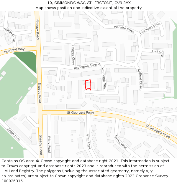 10, SIMMONDS WAY, ATHERSTONE, CV9 3AX: Location map and indicative extent of plot