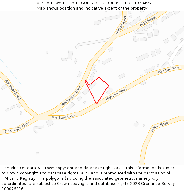 10, SLAITHWAITE GATE, GOLCAR, HUDDERSFIELD, HD7 4NS: Location map and indicative extent of plot