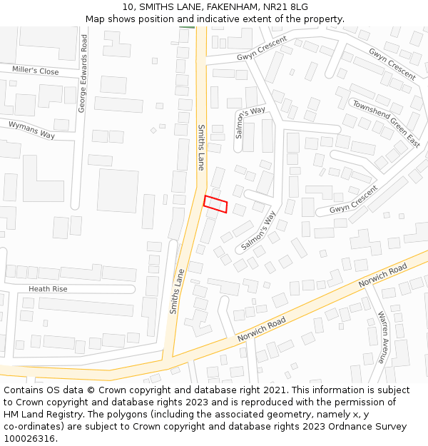 10, SMITHS LANE, FAKENHAM, NR21 8LG: Location map and indicative extent of plot