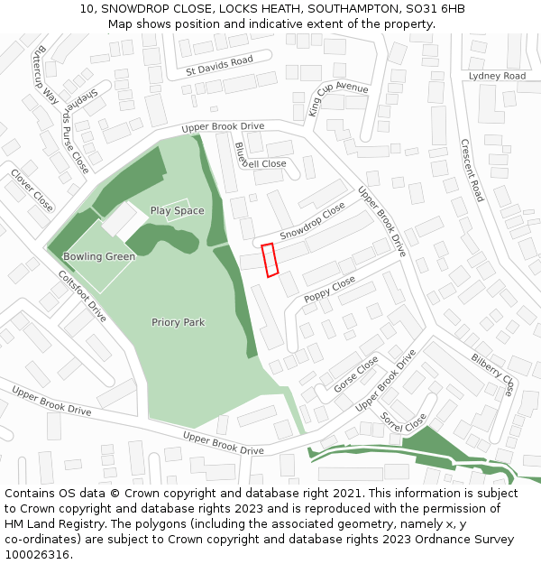 10, SNOWDROP CLOSE, LOCKS HEATH, SOUTHAMPTON, SO31 6HB: Location map and indicative extent of plot