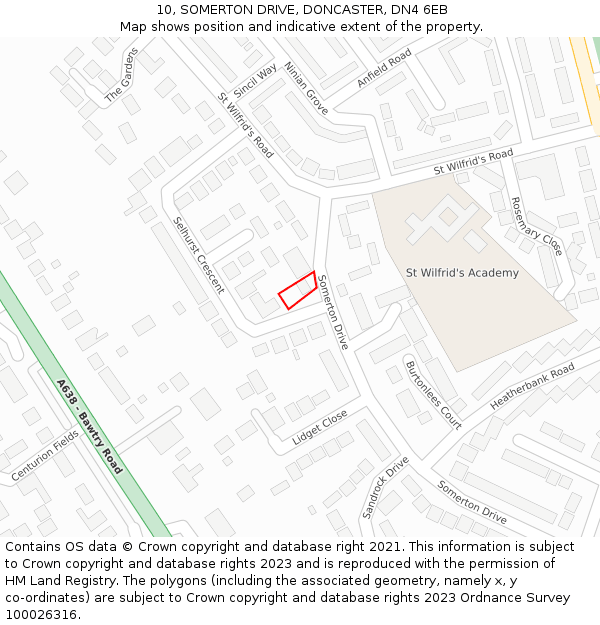 10, SOMERTON DRIVE, DONCASTER, DN4 6EB: Location map and indicative extent of plot