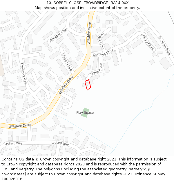 10, SORREL CLOSE, TROWBRIDGE, BA14 0XX: Location map and indicative extent of plot