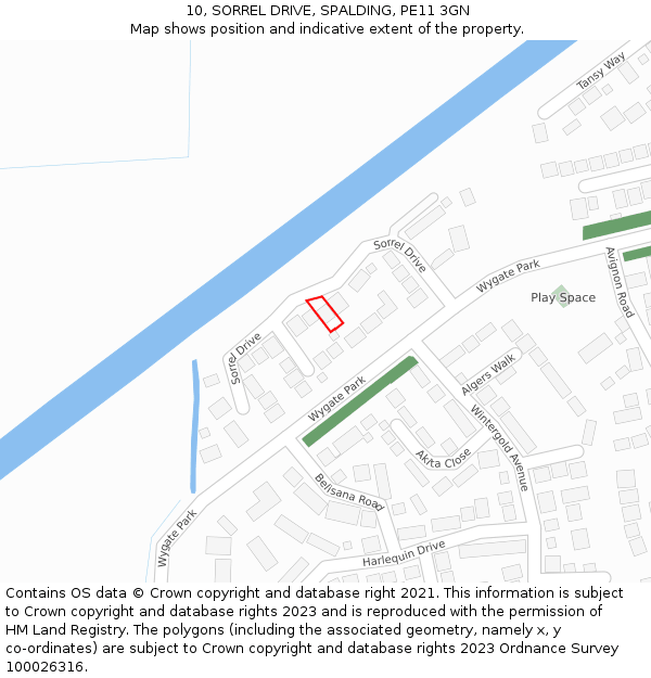 10, SORREL DRIVE, SPALDING, PE11 3GN: Location map and indicative extent of plot