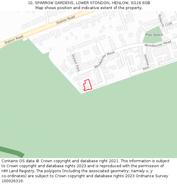 10, SPARROW GARDENS, LOWER STONDON, HENLOW, SG16 6GB: Location map and indicative extent of plot