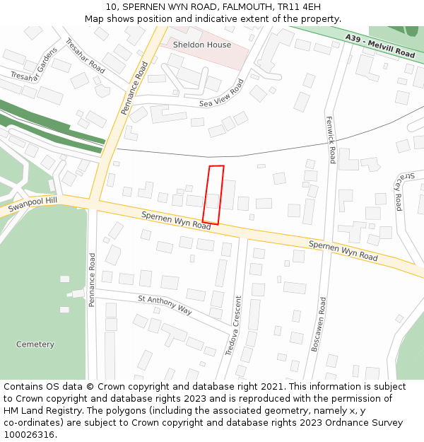 10, SPERNEN WYN ROAD, FALMOUTH, TR11 4EH: Location map and indicative extent of plot