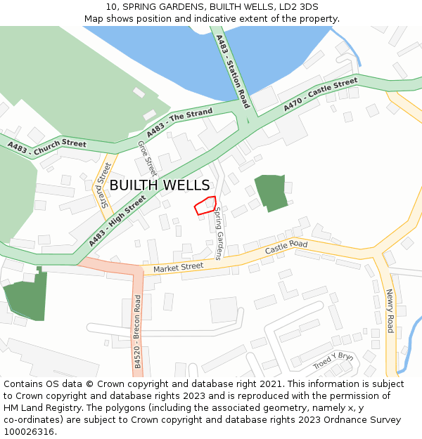 10, SPRING GARDENS, BUILTH WELLS, LD2 3DS: Location map and indicative extent of plot