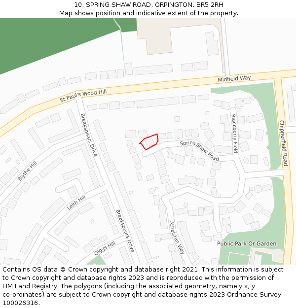 10, SPRING SHAW ROAD, ORPINGTON, BR5 2RH: Location map and indicative extent of plot