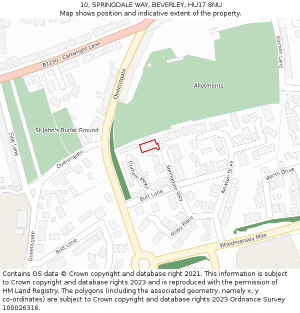 10, SPRINGDALE WAY, BEVERLEY, HU17 8NU: Location map and indicative extent of plot