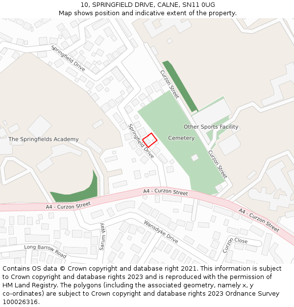 10, SPRINGFIELD DRIVE, CALNE, SN11 0UG: Location map and indicative extent of plot