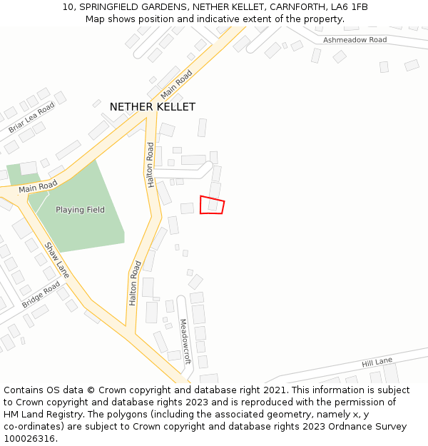 10, SPRINGFIELD GARDENS, NETHER KELLET, CARNFORTH, LA6 1FB: Location map and indicative extent of plot