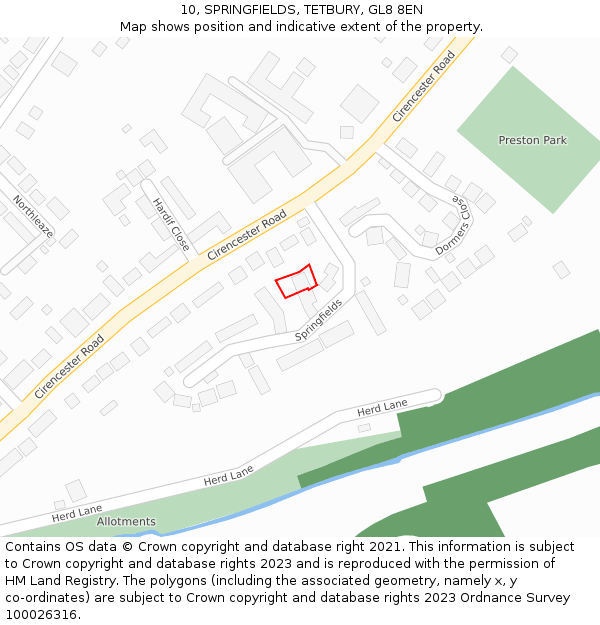 10, SPRINGFIELDS, TETBURY, GL8 8EN: Location map and indicative extent of plot