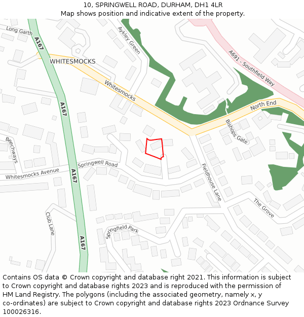 10, SPRINGWELL ROAD, DURHAM, DH1 4LR: Location map and indicative extent of plot