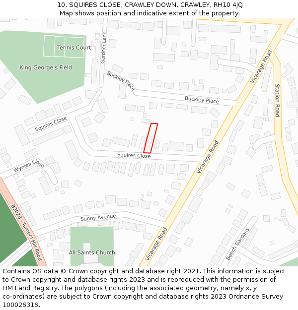 10, SQUIRES CLOSE, CRAWLEY DOWN, CRAWLEY, RH10 4JQ: Location map and indicative extent of plot