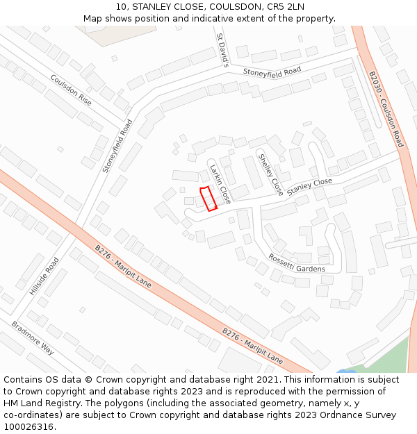 10, STANLEY CLOSE, COULSDON, CR5 2LN: Location map and indicative extent of plot