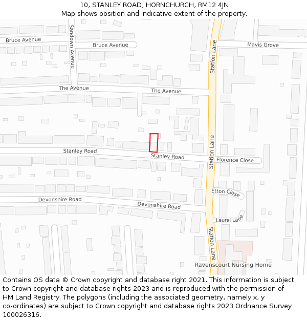 10, STANLEY ROAD, HORNCHURCH, RM12 4JN: Location map and indicative extent of plot