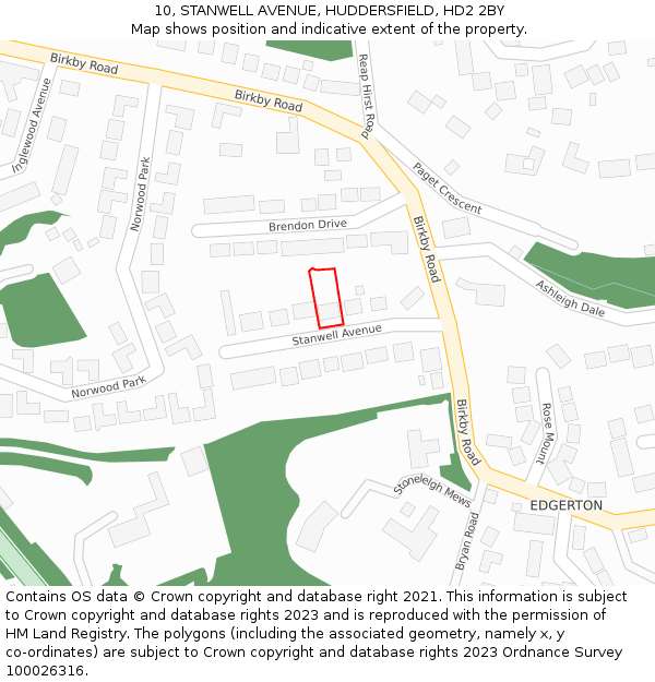 10, STANWELL AVENUE, HUDDERSFIELD, HD2 2BY: Location map and indicative extent of plot