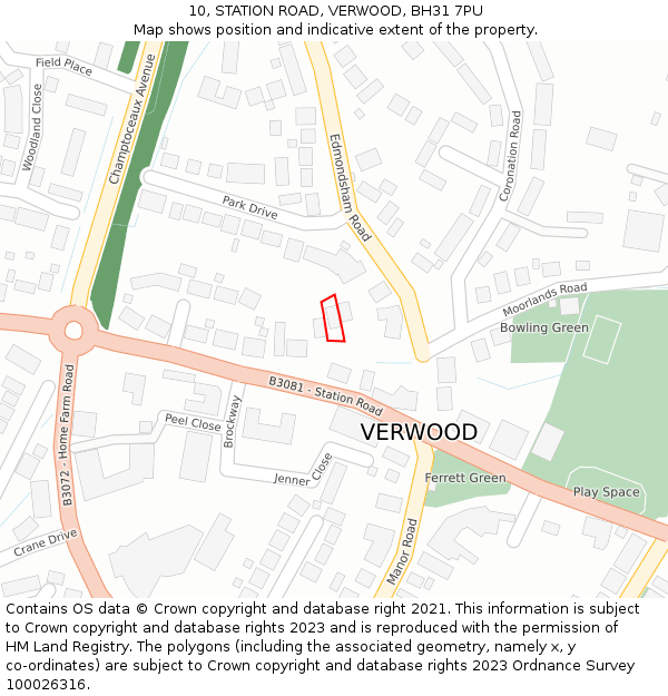 10, STATION ROAD, VERWOOD, BH31 7PU: Location map and indicative extent of plot