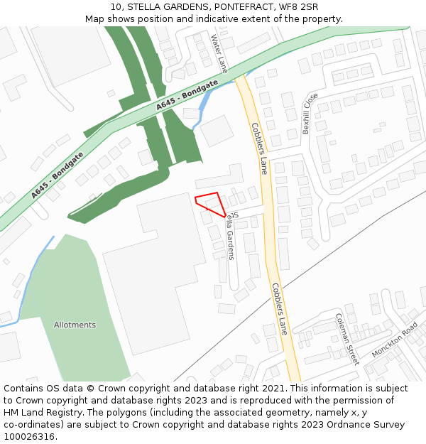 10, STELLA GARDENS, PONTEFRACT, WF8 2SR: Location map and indicative extent of plot