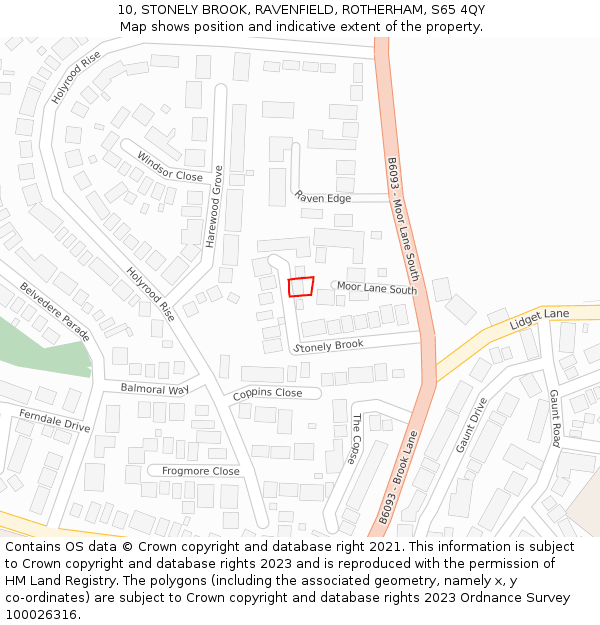 10, STONELY BROOK, RAVENFIELD, ROTHERHAM, S65 4QY: Location map and indicative extent of plot