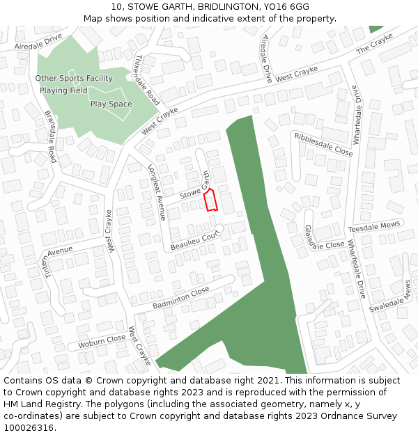 10, STOWE GARTH, BRIDLINGTON, YO16 6GG: Location map and indicative extent of plot